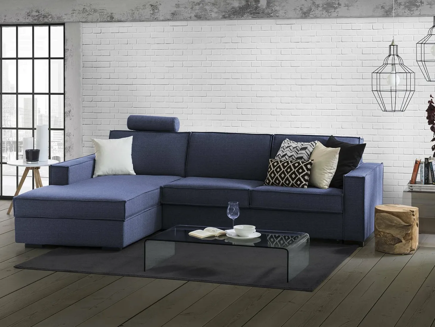Sofá fixo Dlovis, Sofá de canto, 100% Fabricado na Itália, Sofá da sala com península esquerda, com braços finos, 260x95h90 cm, Azul