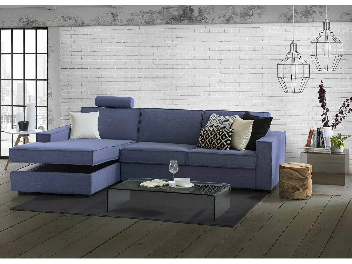 Sofá fixo Dlovis, Sofá de canto, 100% Fabricado na Itália, Sofá da sala com península esquerda, com braços finos, 260x95h90 cm, Azul