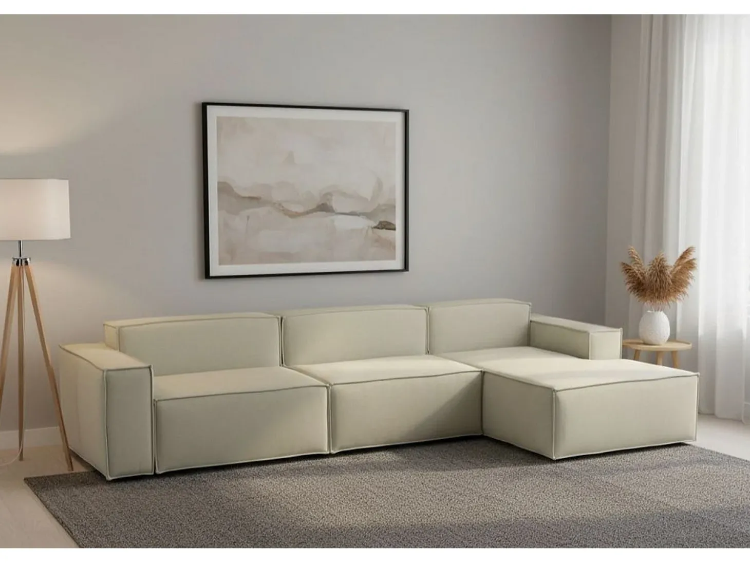Sofá fixo Dmaiol, sofá modular de 4 lugares com península direita, 100% Fabricado na Itália, Sofá de tecido moderno, 340x170h70 cm, Bege