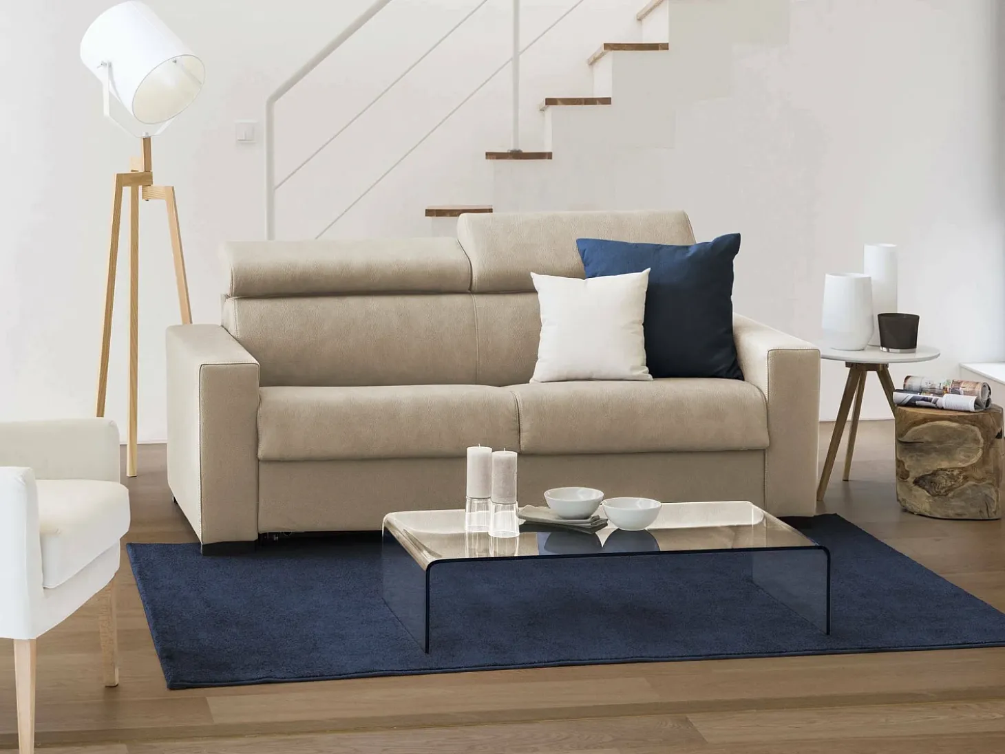 Sofá fixo Dmicel, ofá de 3 lugare, 100% Fabricado na Itália, Sofá da ala, em tecido acolchoado, com apoio de cabeça ajutávei â€<â€<e braço fino, 200x95h85 cm, Bege