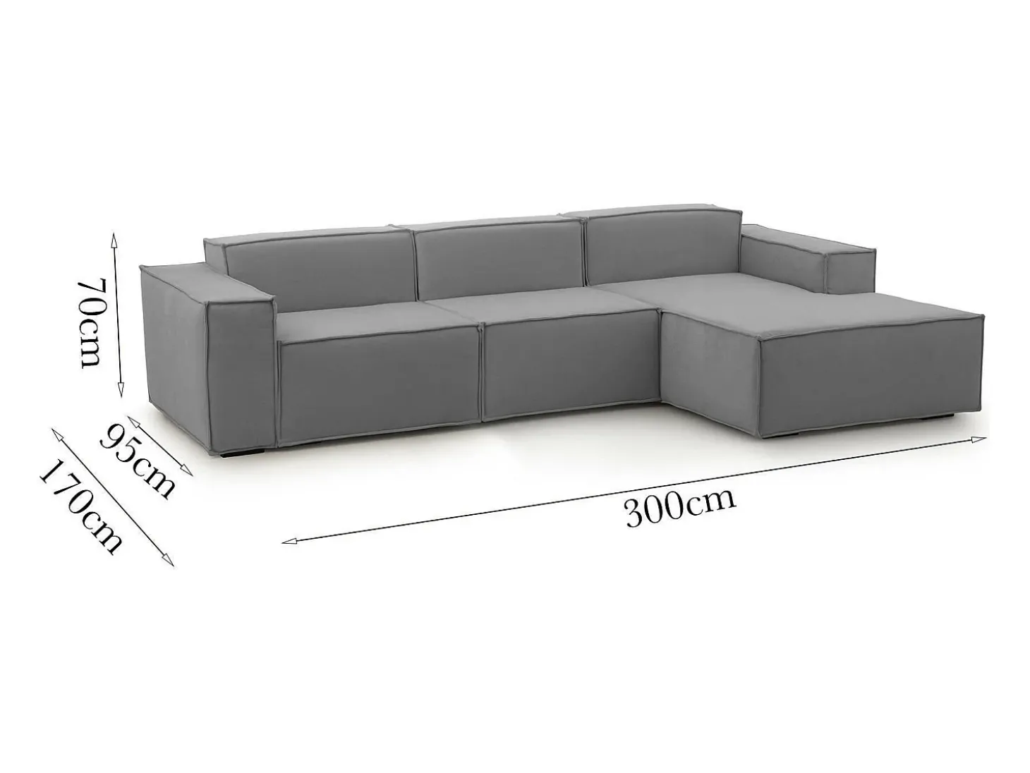 Sofá fixo Giovanna, sofá modular de 3 lugares com península direita, 100% Made in Italy, Sofá de tecido moderno, 300x170h70 cm, Cinza
