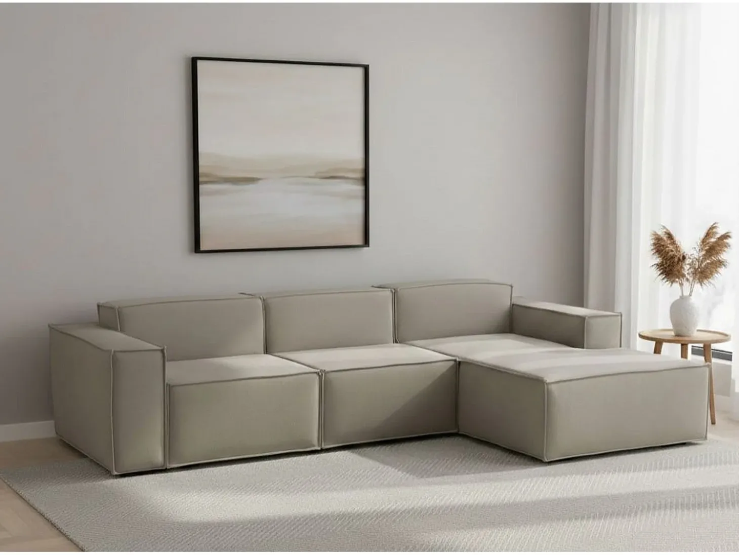 Sofá fixo Giovanna, sofá modular de 3 lugares com península direita, 100% Made in Italy, Sofá de tecido moderno, 300x170h70 cm, Taupe
