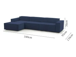 Sofá fixo Licia, sofá modular de 4 lugares com península esquerda, 100% Fabricado na Itália, Sofá de tecido moderno, 340x170h70 cm, Azul