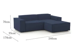 Sofá fixo Lidia, Sofá modular grande de 2 lugares com península direita, 100% Fabricado na Itália, Sofá de tecido moderno, 240x170h70 cm, Azul