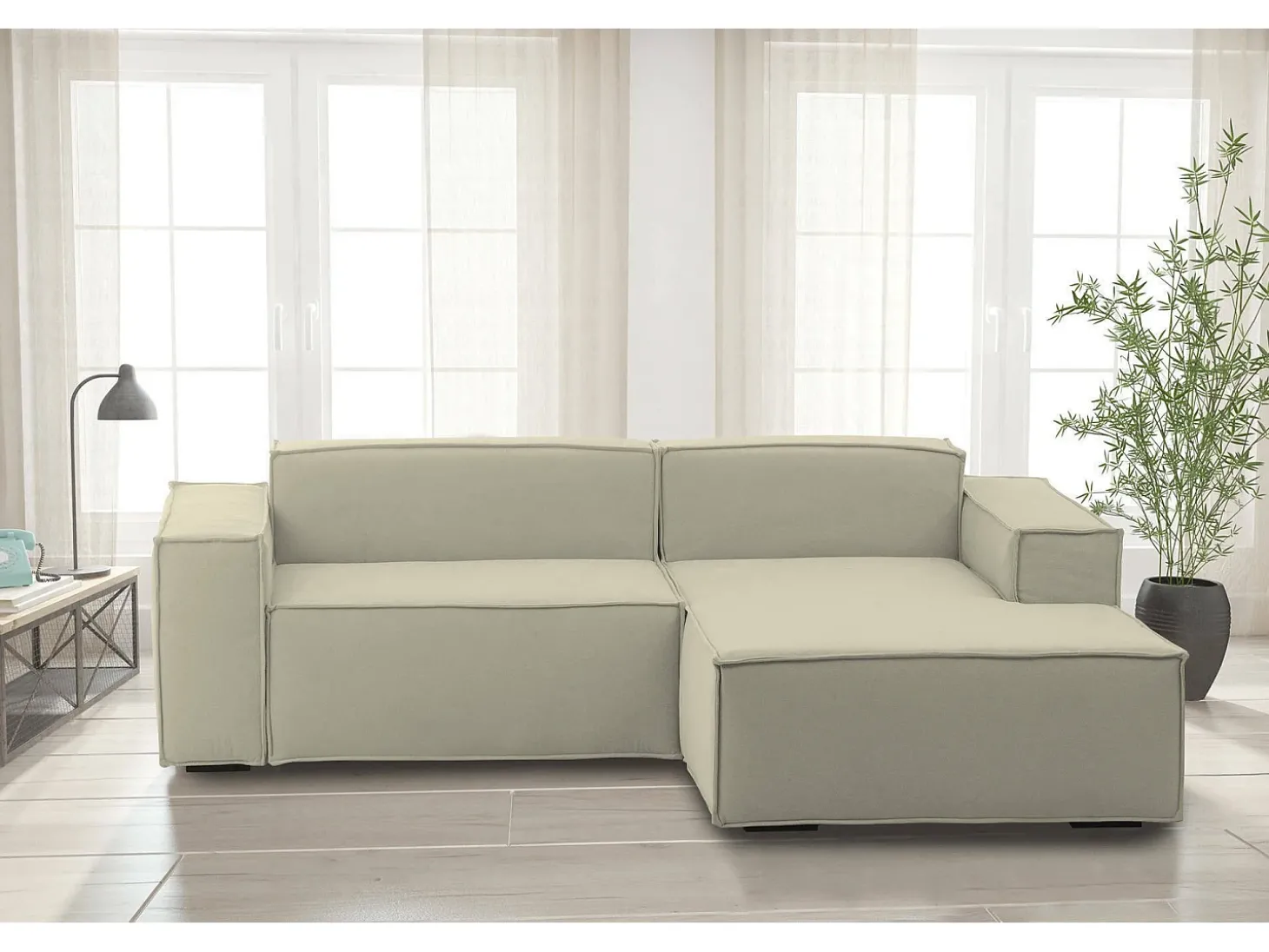 Sofá fixo Lidia, Sofá modular grande de 2 lugares com península direita, 100% Fabricado na Itália, Sofá de tecido moderno, 240x170h70 cm, Bege