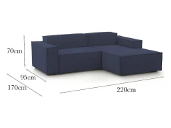 Sofá fixo Patrizia, sofá modular de 2 lugares com península direita, 100% Fabricado na Itália, Sofá de tecido moderno, 220x170h70 cm, Azul