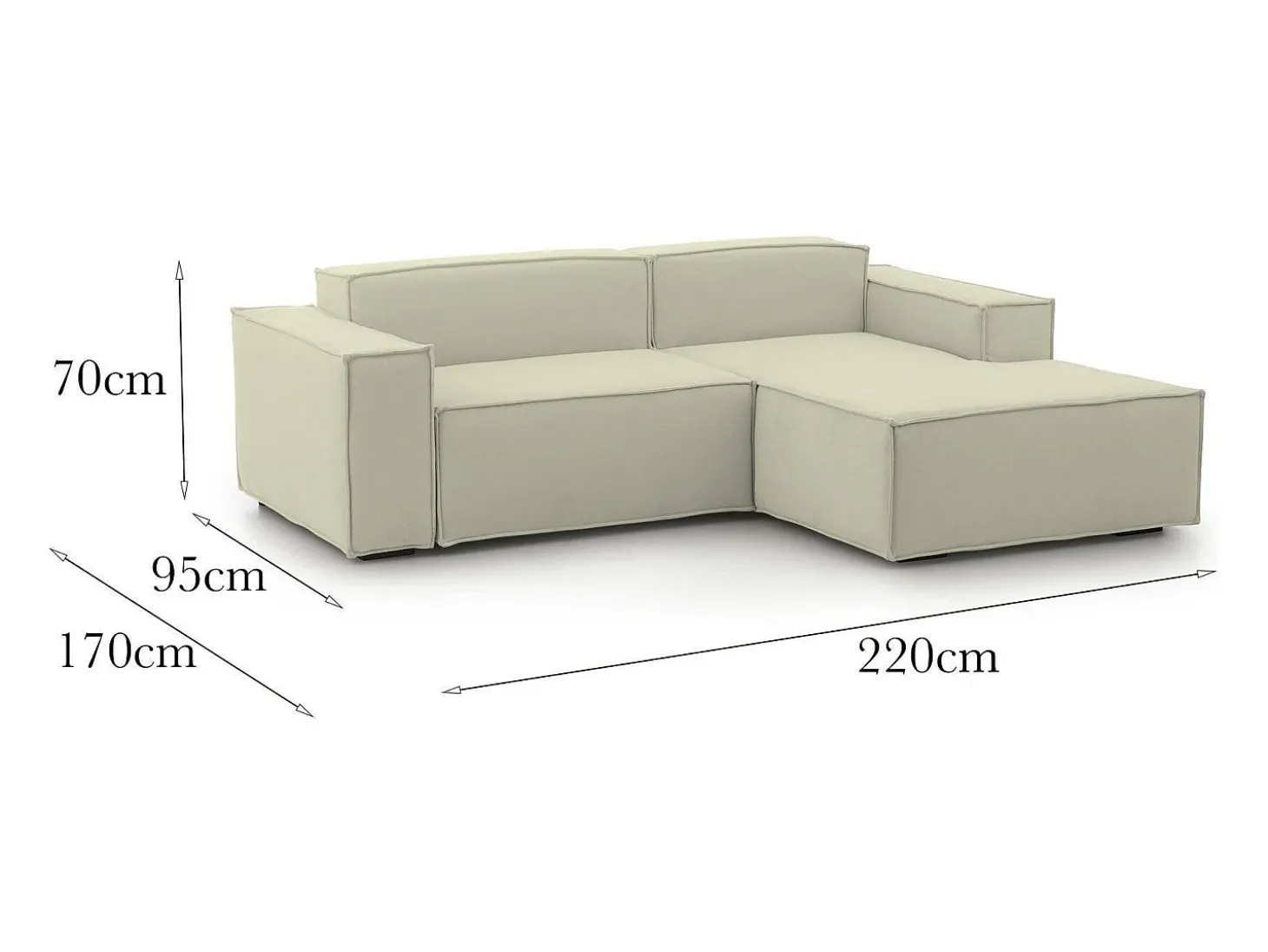 Sofá fixo Patrizia, sofá modular de 2 lugares com península direita, 100% Fabricado na Itália, Sofá de tecido moderno, 220x170h70 cm, Bege