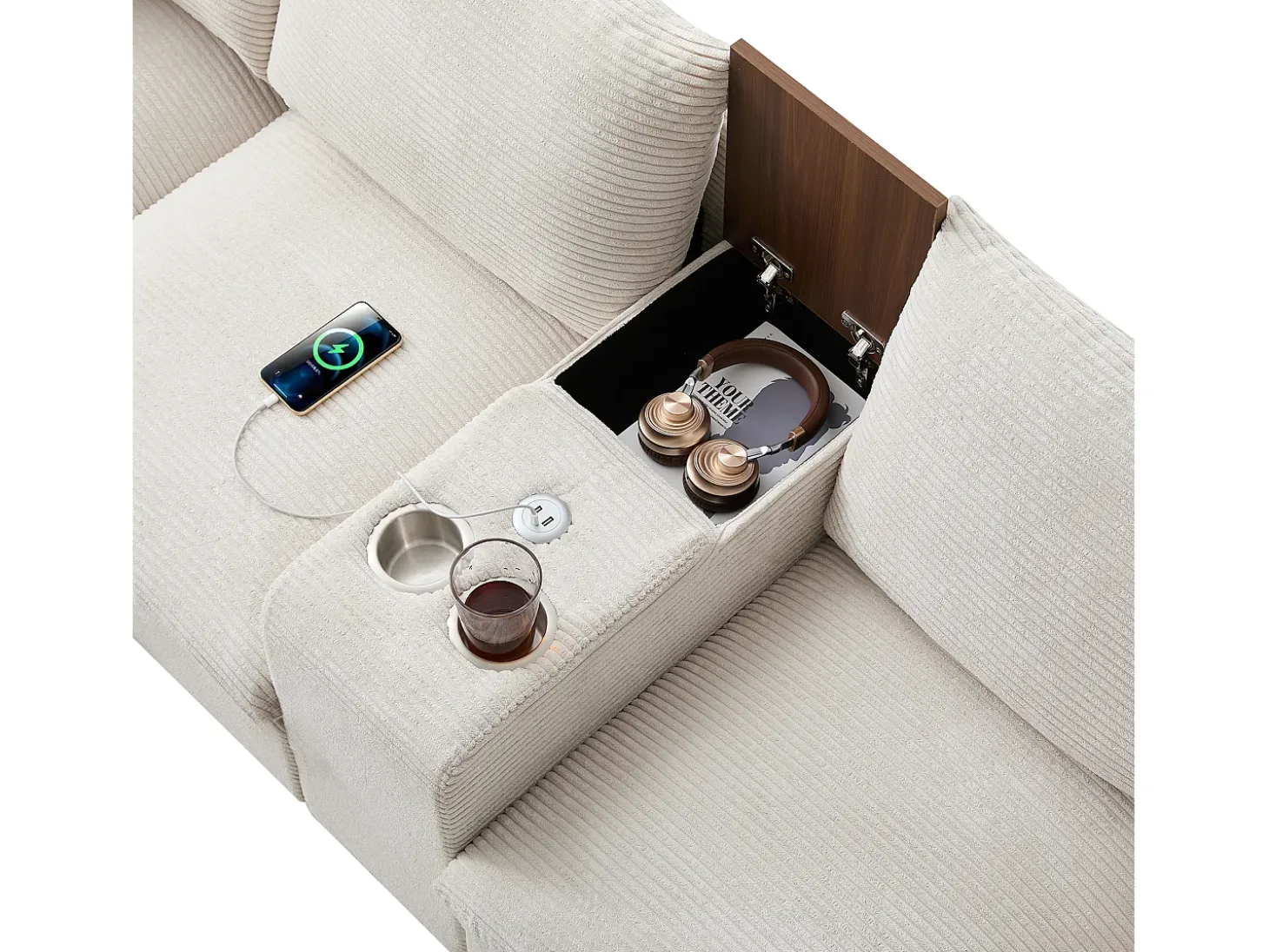 Sofá moderno - com console - 2 porta-copos - porta de carregamento USB - bolsos de armazenamento nos braços - com almofadas - bege