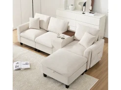 Sofá moderno - com console - 2 porta-copos - porta de carregamento USB - bolsos de armazenamento nos braços - com almofadas - bege