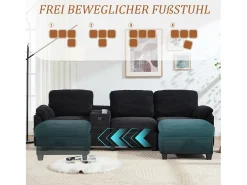 Sofá moderno de 3 lugares - 266 x 136 x 82 cm - com 2 porta-copos + porta USB-C + gaveta + pufe removível com espaço de armazenamento - veludo - preto