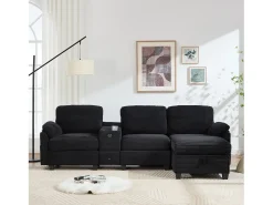 Sofá moderno de 3 lugares - 266 x 136 x 82 cm - com 2 porta-copos + porta USB-C + gaveta + pufe removível com espaço de armazenamento - veludo - preto