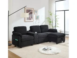 Sofá moderno de 3 lugares - 266 x 136 x 82 cm - com 2 porta-copos + porta USB-C + gaveta + pufe removível com espaço de armazenamento - veludo - preto