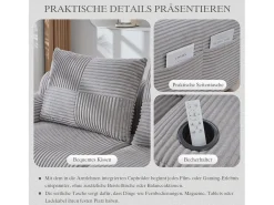 Sofá moderno de 2 lugares - 200 x 99 x 80 cm - com porta-copos + bolso de arrumação - veludo - cinza claro