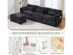 Sofá moderno de 3 lugares - 279 x 83 x 85 cm - com porta USB, bolso lateral e apoio para os pés com espaço de armazenamento - veludo - preto