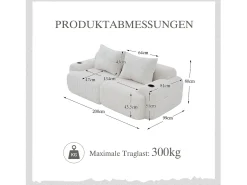 Sofá moderno de 2 lugares - 200 x 99 x 80 cm - com porta-copos + bolso de arrumação - veludo - bege