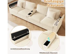 Sofá moderno de 4 lugares - 299 x 80 x 82,7 cm - com porta USB, apoio de braço dobrável e espaço de armazenamento oculto - veludo - bege