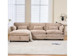 Sofá moderno de 3 lugares - 279 x 83 x 85 cm - com porta USB, bolso lateral e apoio para os pés com espaço de armazenamento - veludo - cáqui