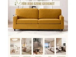 Sofá moderno de 2 lugares - 203 x 77,5 x 85 cm - com USB-C + LEDs + porta-copos e bolsos laterais - veludo - Amarelo