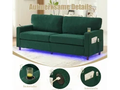 Sofá moderno de 2 lugares - 203 x 77,5 x 85 cm - com USB-C + LEDs + porta-copos e bolsos laterais - veludo - verde