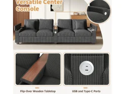 Sofá moderno de 4 lugares - 299 x 80 x 82,7 cm - com porta USB, apoio de braço dobrável e espaço de armazenamento oculto - veludo - cinza