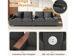Sofá moderno de 4 lugares - 299 x 80 x 82,7 cm - com porta USB, apoio de braço dobrável e espaço de armazenamento oculto - veludo - cinza