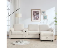 Sofá moderno de 3 lugares - 266 x 136 x 82 cm - com 2 porta-copos + porta USB-C + gaveta + pufe removível com espaço de armazenamento - veludo - bege