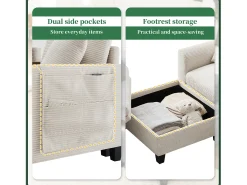Sofá moderno de 4 lugares com apoio para os pés com espaço de armazenamento + 2 porta-copos + porta USB - 229 x 149,5 x 83 cm - Veludo - bege