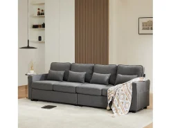 Sofá moderno de 4 lugares com 4 almofadas - 264 x 83 x 87 cm - Tecido de linho - Cinza escuro
