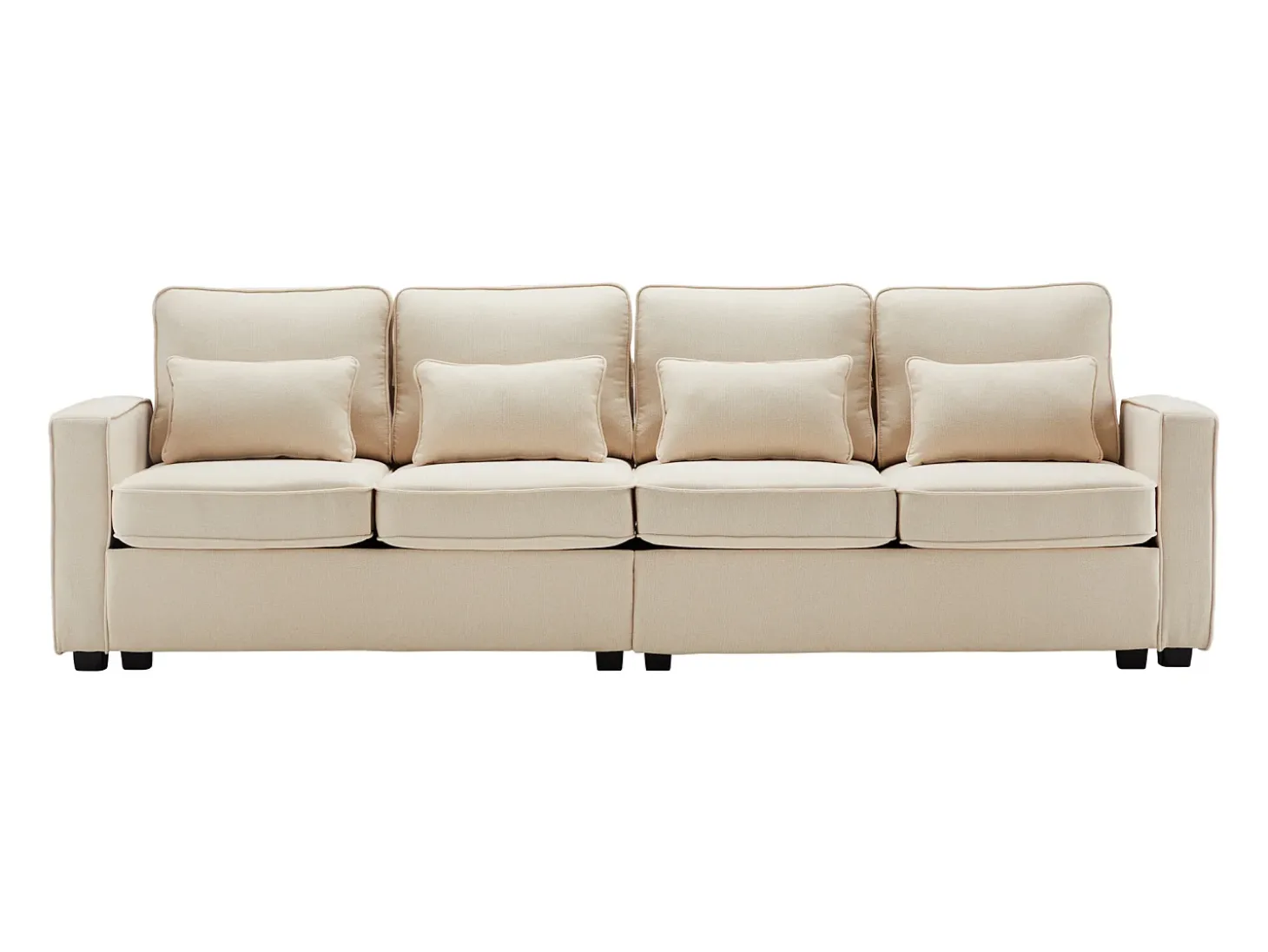 Sofá moderno de 4 lugares com 4 almofadas - 264 x 83 x 87 cm - Tecido de linho - Bege