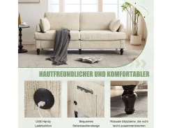 Sofá moderno de 2 lugares em chenille com pés de madeira, LED e USB.