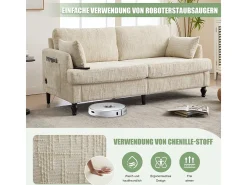 Sofá moderno de 2 lugares em chenille com pés de madeira, LED e USB.
