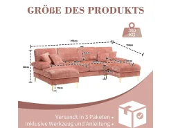 Sofá moderno e grande em formato de U, revestido em chenille, com dois assentos reclináveis, ROSA.