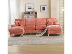 Sofá moderno e grande em formato de U, revestido em chenille, com dois assentos reclináveis, ROSA.