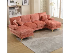 Sofá moderno e grande em formato de U, revestido em chenille, com dois assentos reclináveis, ROSA.