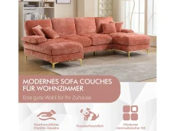 Sofá moderno e grande em formato de U, revestido em chenille, com dois assentos reclináveis, ROSA.