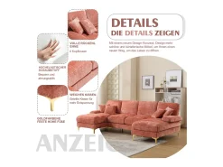 Sofá moderno e grande em formato de U, revestido em chenille, com dois assentos reclináveis, ROSA.