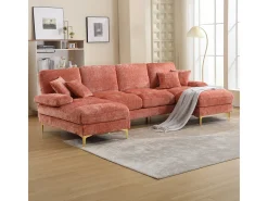 Sofá moderno e grande em formato de U, revestido em chenille, com dois assentos reclináveis, ROSA.