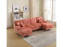 Sofá moderno e grande em formato de U, revestido em chenille, com dois assentos reclináveis, ROSA.