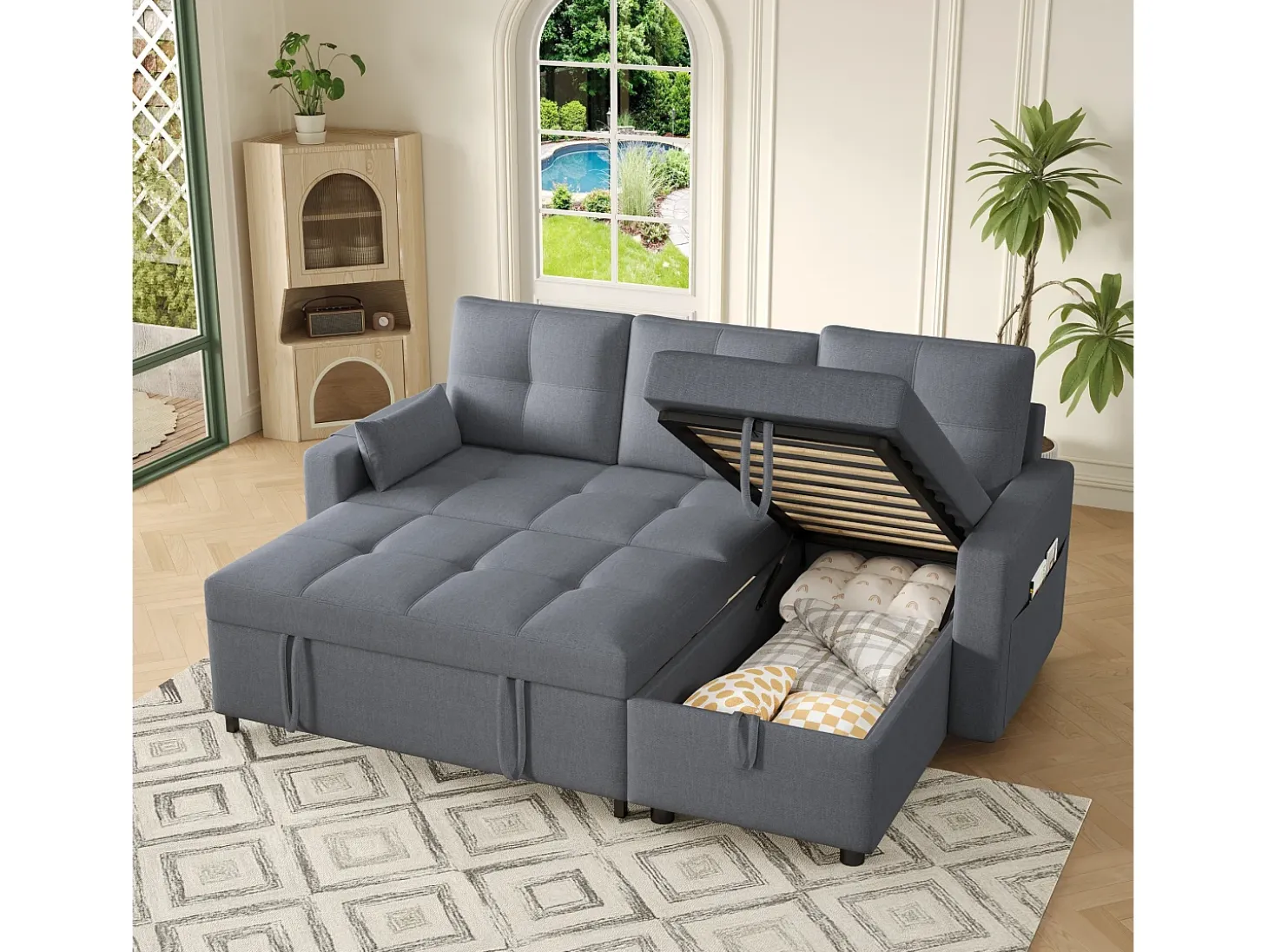 Sofá moderno em L - Sofá-cama modular - Função dormir - Com armazenamento - Com porta-copos - Cinza