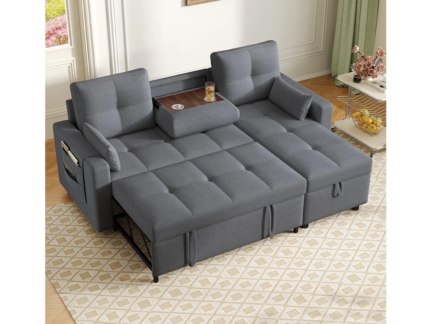 Sofá moderno em L - Sofá-cama modular - Função dormir - Com armazenamento - Com porta-copos - Cinza