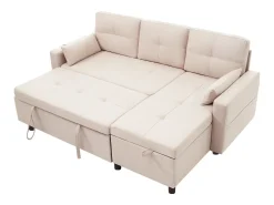 Sofá moderno em L - Sofá-cama modular - Função dormir - Com armazenamento - Com porta-copos - Bege