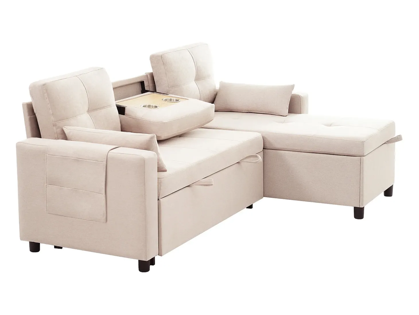 Sofá moderno em L - Sofá-cama modular - Função dormir - Com armazenamento - Com porta-copos - Bege