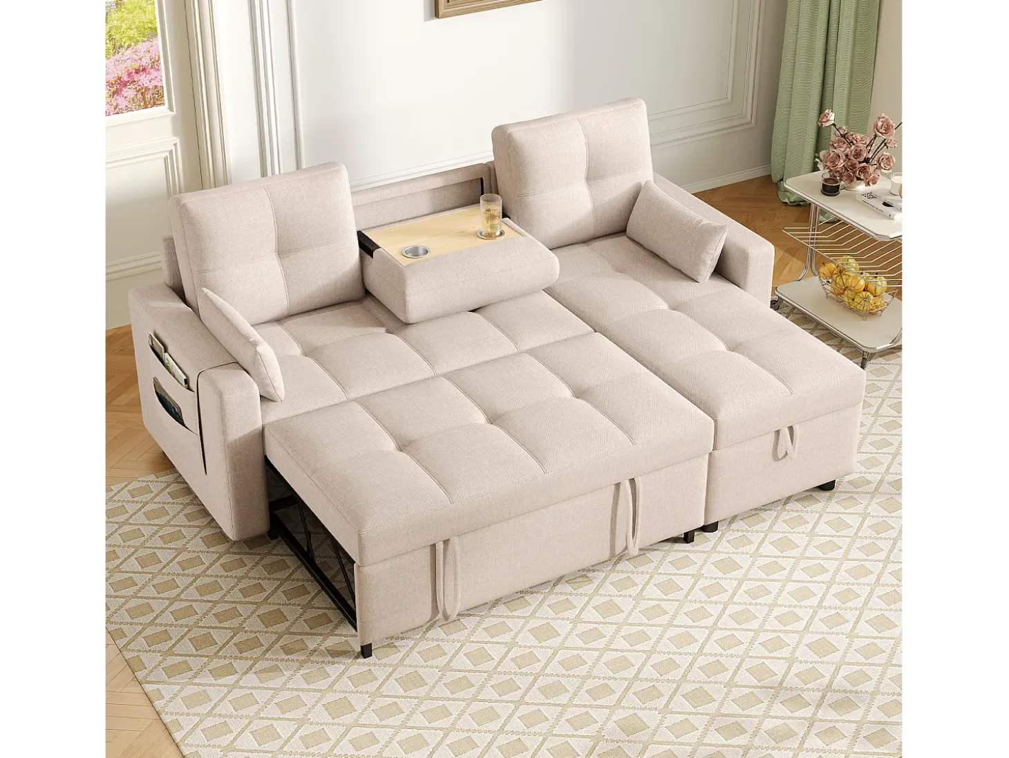 Sofá moderno em L - Sofá-cama modular - Função dormir - Com armazenamento - Com porta-copos - Bege
