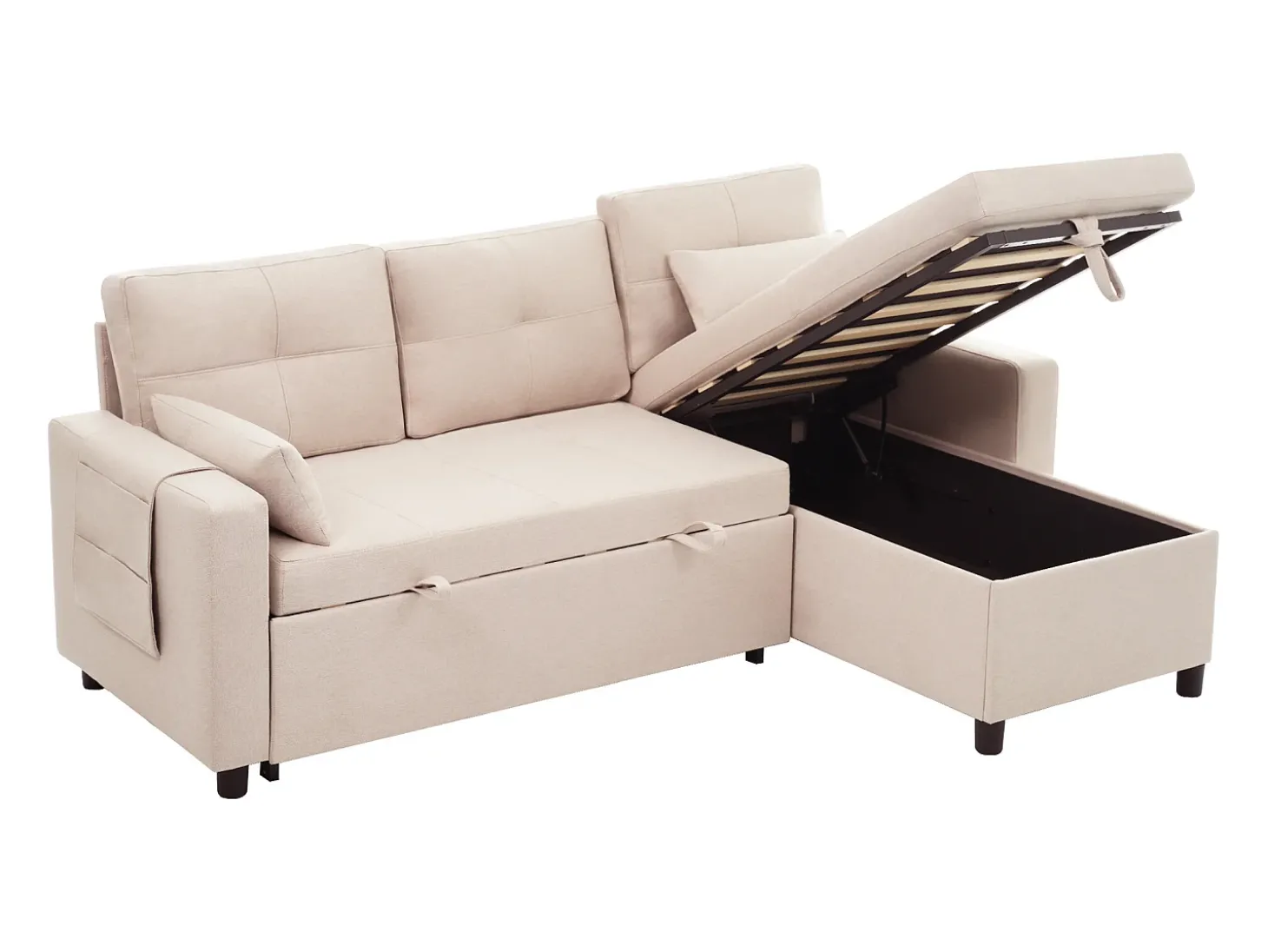 Sofá moderno em L - Sofá-cama modular - Função dormir - Com armazenamento - Com porta-copos - Bege