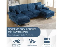 Sofá moderno em U - 272 x 136 x 88 cm - com 2 assentos reclináveis para sala de estar e quarto - Chenille - azul