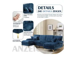 Sofá moderno em U - 272 x 136 x 88 cm - com 2 assentos reclináveis para sala de estar e quarto - Chenille - azul