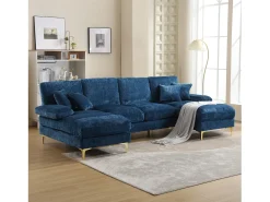 Sofá moderno em U - 272 x 136 x 88 cm - com 2 assentos reclináveis para sala de estar e quarto - Chenille - azul