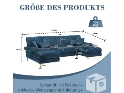 Sofá moderno em U - 272 x 136 x 88 cm - com 2 assentos reclináveis para sala de estar e quarto - Chenille - azul