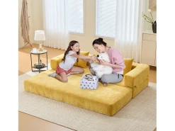 Sofá modular - 198 x 79 x 60 cm - conversível - com bolsos laterais - chenille - amarelo