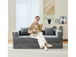 Sofá modular - 198 x 79 x 60 cm - conversível - com bolsos laterais - chenille - cinza